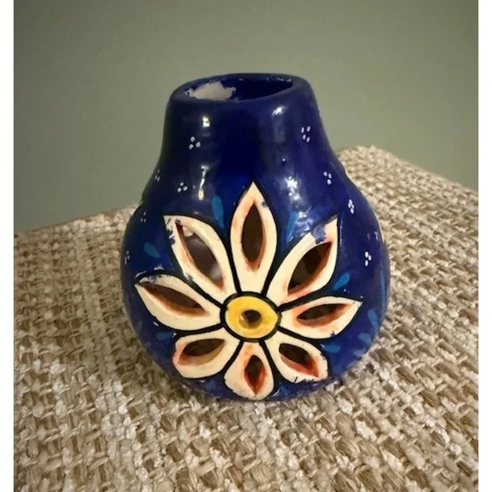 Talavera Mexican Pottery Luminaria HandCrafted Tealight Colorful Flower Cutouts